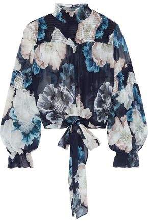 Tie-front Shirred Floral-print Silk-chiffon Blouse