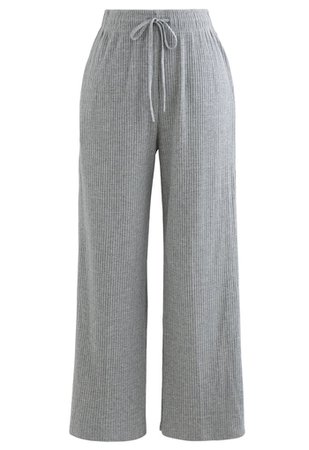 Cropped Wide-Leg Drawstring Knit Pants in Grey - Retro, Indie and Unique Fashion