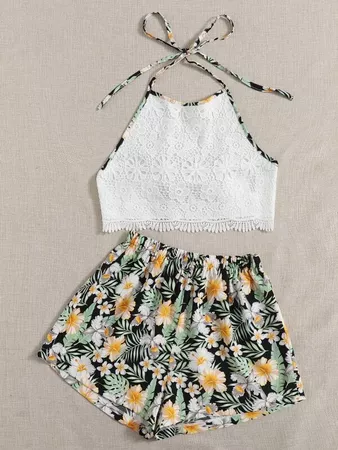 Tie Back Lace Halter Top & Tropical Print Shorts Set | SHEIN USA