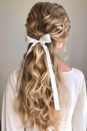 Long Dark Blonde Curls With White Bow