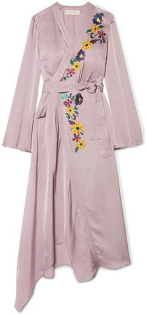 Wrap-effect Embroidered Satin Midi Dress - Lilac