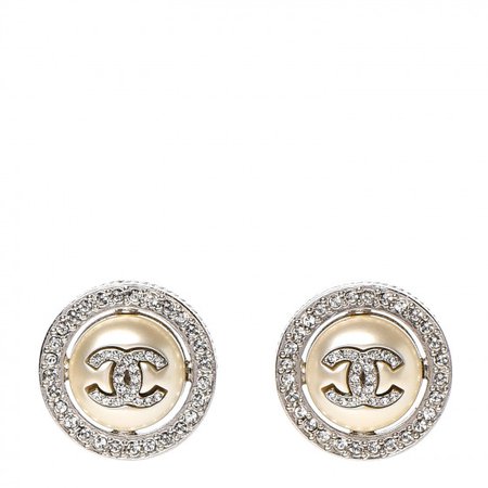 CHANEL Pearl Crystal CC Round Earrings Silver 568093