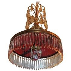 Baltic Neoclassical Doré Bronze And Crystal Red Glass Chandelier Fixture