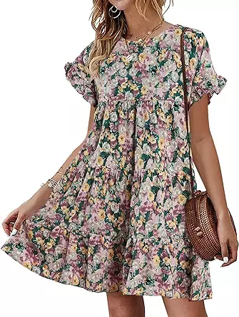Imysty Womens Boho Floral Printed Babydoll Ruffles Casual Loose Short Mini T-Shirt Dress at Amazon Women’s Clothing store