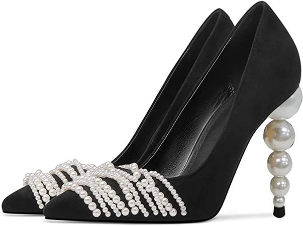 Amazon.com | FSJ Slip On Pearls Beaded High Heels Slip On Pump Pointed Toe Mirror Effect Shiny Party Club Shoe for Women 4-15 US | Shoes