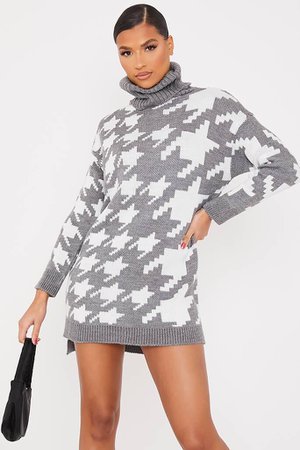grey dogtooth print jumper dress