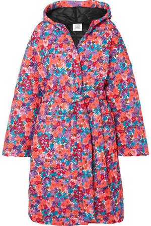 Oversized Quilted Floral-print Shell Coat - Pink