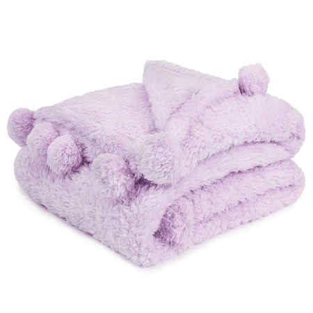 PAVILIA Plush Sherpa Throw Blanket with Pom Pom Fringe, Lavender Lilac Purple | Fluffy Fleece Tassel Throw for Sofa Bed Couch | Soft Fuzzy Shaggy Lightweight Decorative Blanket | 50 x 60 in