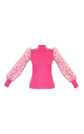 Hot Pink High Neck Sheer Polka Dot Puff Sleeve Top | PrettyLittleThing USA