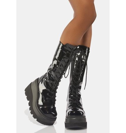 Demonia Wedge Platform Knee High Boots - Black Patent | Dolls Kill
