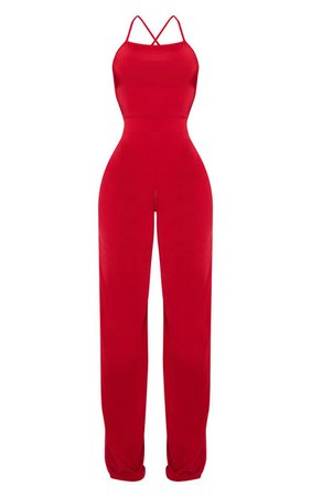 Shape Red Slinky Strappy Back Jumpsuit | PrettyLittleThing