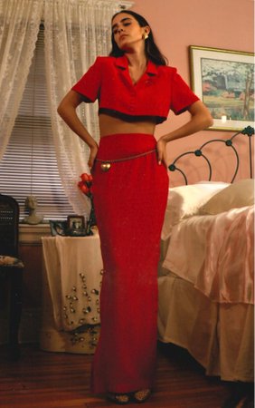 MIRROR PALAIS The Skirt in Red & Collared Cropped Shirt in red