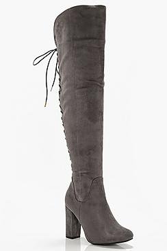 Tia Lace Back Block Heel Over The Knee Boots
