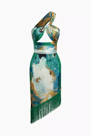 Tie Dye One Shoulder Fringe Hem Asymmetrical Mini Dress – Micas