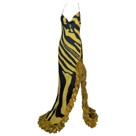 F/W 2000 Roberto Cavalli Runway Aaliyah Yellow Black Zebra Gown Dress