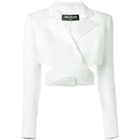 Balmain cut out detail cropped jacket ($2,005) ❤ liked on Polyvore featuring outerwear, jackets, balmain, blazers, crop tops, white, long sleeve blazer, blazer jacket, white blazer and cut out blazer - Google Search