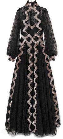 Costarellos - Embroidered Velvet-trimmed Lace Gown - Black