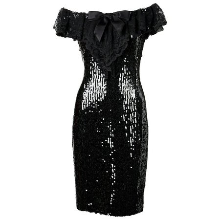 1994 CHANEL black sequined dress with chantilly lace collar and satin bow For Sale at 1stdibs