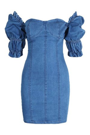Ruffle Sleeve Denim Bodycon Dress | boohoo blue