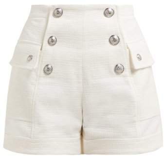 High Rise Cotton Tweed Shorts - Womens - White