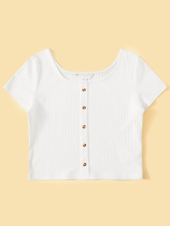 Button Front Rib-knit Crop Tee | ROMWE