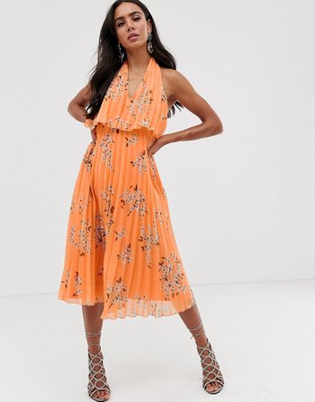 ASOS DESIGN pleated midi dress with double layer bodice and v neck in orange floral print | ASOS