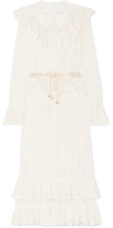 Allia Belted Ruffled Crocheted Cotton Maxi Dress - Ivory