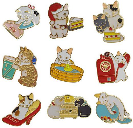 PunkStyle Cartoon Cute Creative Cat Ice Cream Love Red Wine Stitching BTS Enamel Brooches Pins for Children Women Girls Clothing Bags Backpacks Jackets Decor (Cute cat Family Brooch 9pcs): XZKING