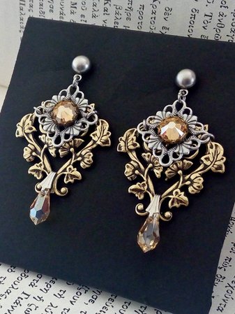 Clothing Gift Victorian Gothic Earrings Swarovski Golden | Etsy