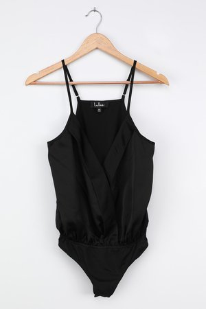 Black Satin Bodysuit - Surplice Bodysuit - Sexy Black Satin Top