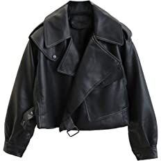 LY VAREY LIN Women Black Faux Leather Jackets Casual Short Oversized Coat Asymmetrical Motor Biker Jacket (Black, L) at Amazon Women's Coats Shop