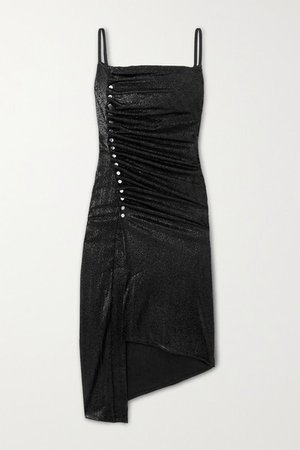 Asymmetric Ruched Metallic Stretch-jersey Midi Dress - Black