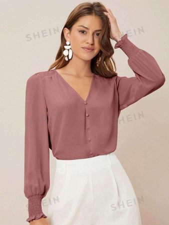 SHEIN Privé Solid Button Front Blouse | SHEIN