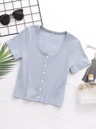 Scoop Neck Rib-knit Button Front Tee | SHEIN USA blue