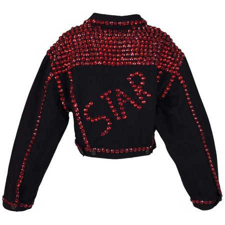 1992 Dolce and Gabbana Black Denim STAR Red Crystals Embellished Baggy Jacket Coat For Sale at 1stDibs