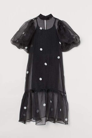 Balloon-sleeved Organza Dress - Black