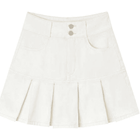 Plain High Waist A Line Pleated Denim Skirts - White