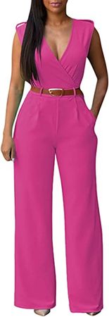 Pink Queen Women's Classy Dressy Jumpsuit Sleeveless Button Up Wide Leg Long Pants Business Pantsuit Bright Pink XL : Clothing, Shoes & Jewelry