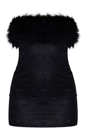 Black Glitter Corset Feather Bandeau Bodycon Dress | PrettyLittleThing USA