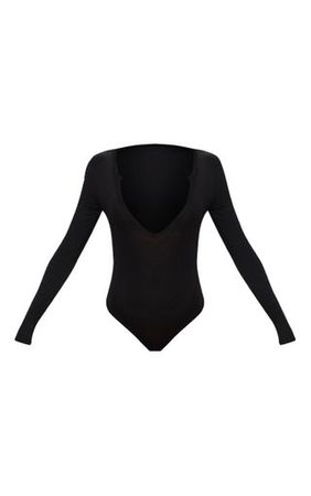 Basic Black Plunge Long Sleeve Bodysuit | PrettyLittleThing