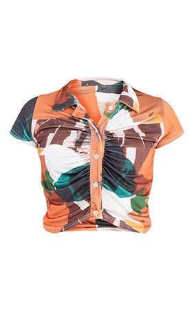 Orange Abstract Acetate Slinky Short Sleeve Shirt | PrettyLittleThing USA