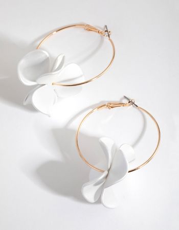 white flower hoop earrings