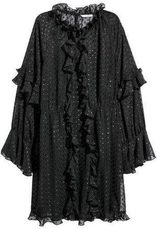 Wide-cut Ruffle-trimmed Dress - Black
