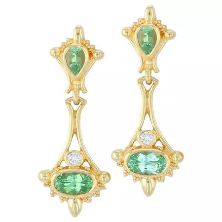 Kent Raible 18K Gold Green Garnet, Diamond Drop Earrings with Fine Granulation For Sale at 1stDibs