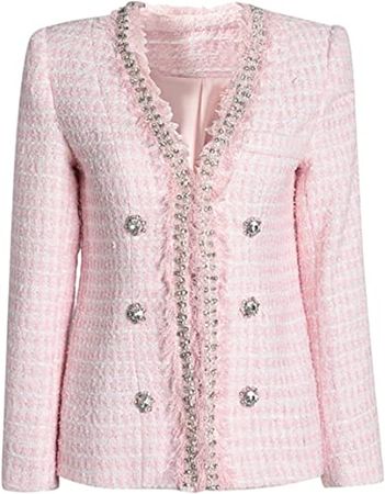 LALUNE Women's Long Sleeve Plaid Tweed Open Front Cropped Jacket Work Office Pink Blazer Coat at Amazon Women’s Clothing store