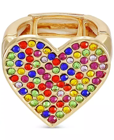 GUESS Gold-Tone Rainbow Pavé Heart Stretch Cocktail Ring - Macy's