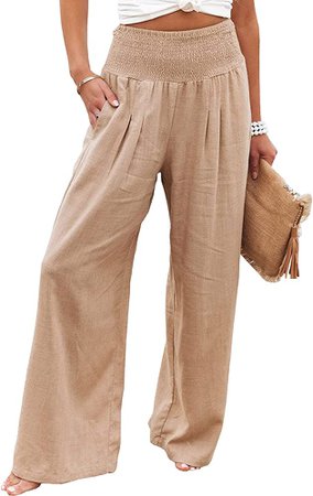 Vansha Women Summer High Waisted Cotton Linen Palazzo Pants Wide Leg Long Lounge Pant Trousers with Pocket Khaki M at Amazon Women’s Clothing store