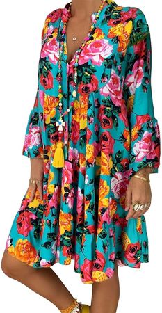 Amazon.com: ZOCANIA Women's Button Up Boho Floral Above Knee Dresses Casual Long Sleeve V-Neck Midi Swing Chiffon Dress : Clothing, Shoes & Jewelry