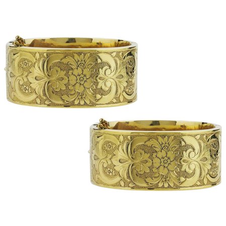 Pair of Engraved 19th Century, 14 Karat Gold 'Wedding Bracelets' For Sale at 1stDibs