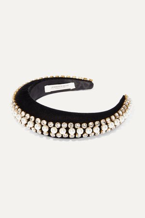 Black Eleanor crystal and faux pearl-embellished velvet headband | Jennifer Behr | NET-A-PORTER
